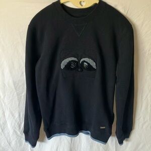 Coach: Navy Blue sweatshirt- Raccoon Design- Leather & Shearling- XS